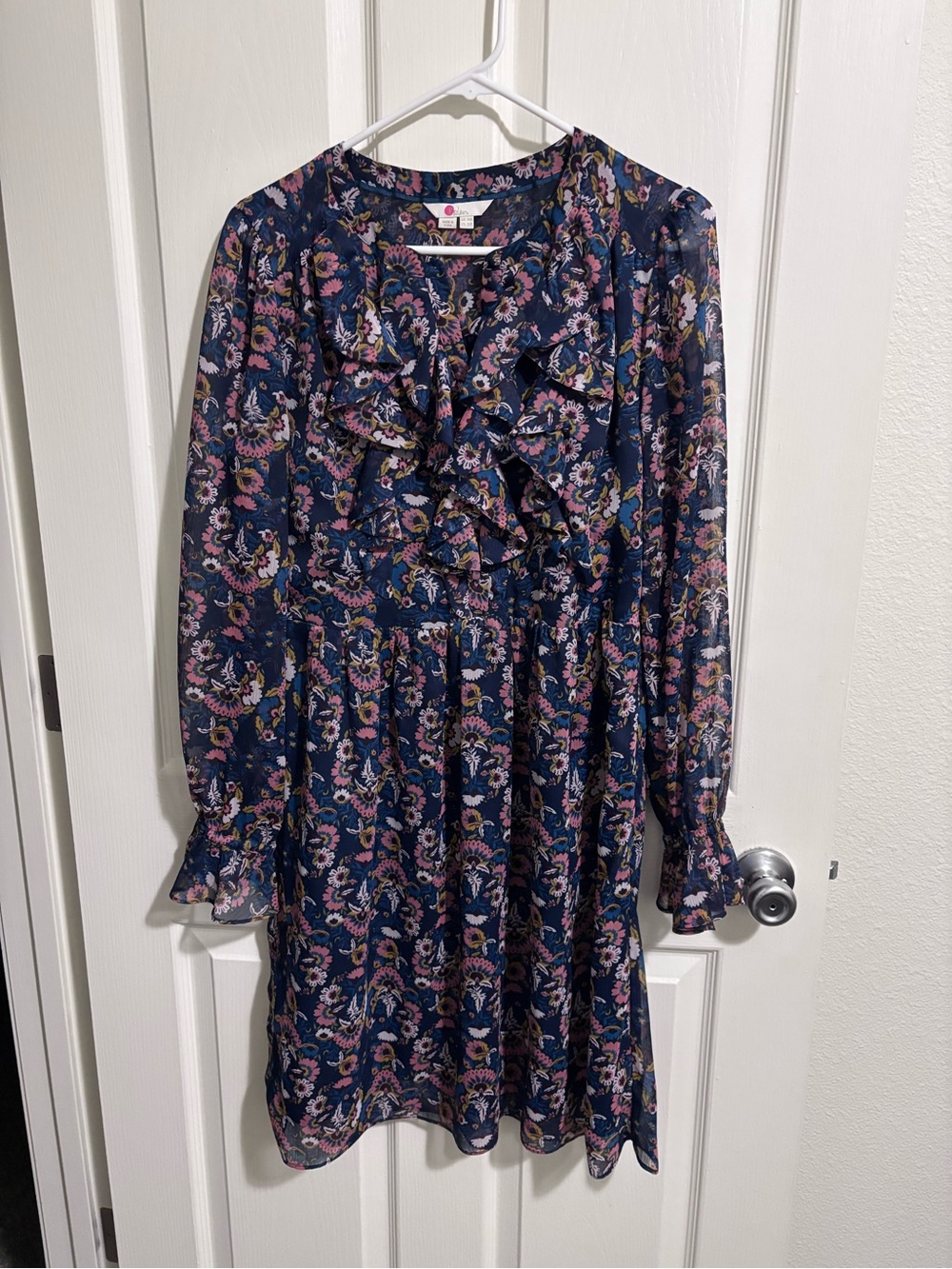 Women's Navy Floral Ruffle Long-Sleeve Dress